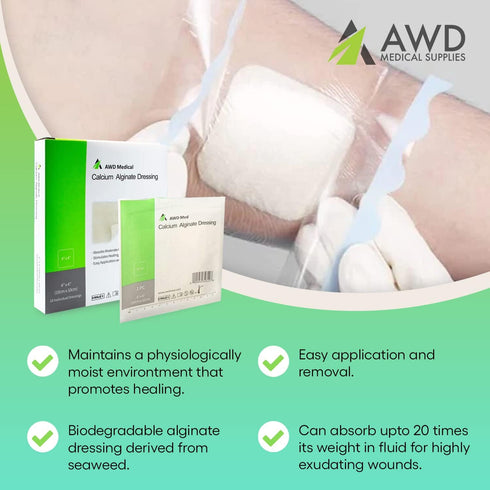 (6" 6" 5/Bx) AWD Medical Calcium Alginate Wound Dressing - Highly Absorbent Gauze Pads and Wound Care Products, Quick