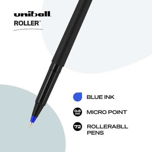 Uniball Roller 72 Pack in Blue, 0.5mm Micro Rollerball Pens, Colorful Office Supplies, Smooth Writing Pens