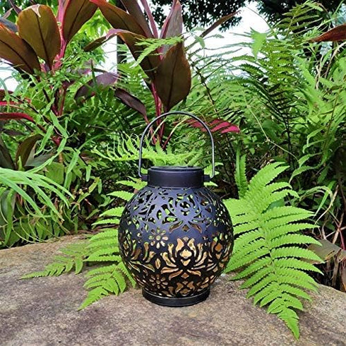EXCMARK 2 Pack Outdoor Solar Hanging Lantern Lights Metal LED Decorative Lamp for Garden Patio Courtyard Lawn and Table