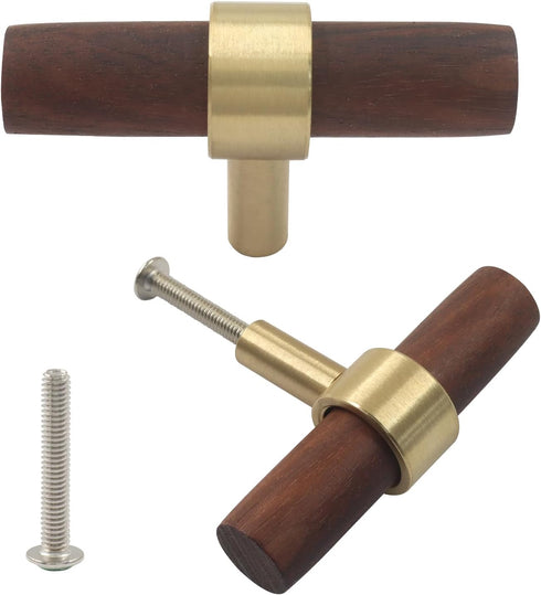 Piutouyar 2 60 mm/2.36 inch Pcs Walnut Cabinet Pulls, Single Hole Wood Drawer Handle Knobs, T Bar Knob Pull Handles