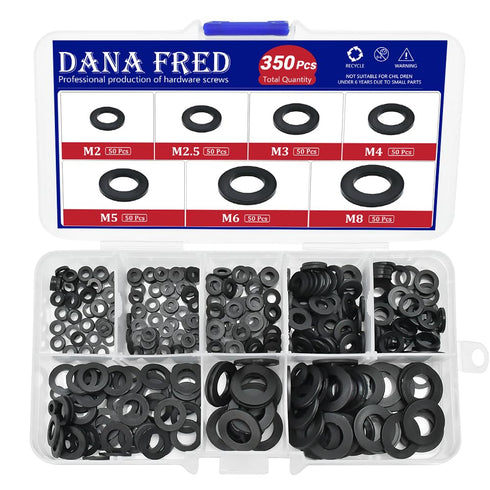 350pcs Black Nylon Flat Round Washer Spacer Assortment Kit - 7 Sizes M2-M8, Countersunk Plastic Gasket Rings