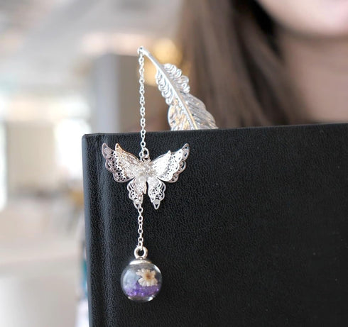Toirxarn Silver Feather Bookmark with Butterfly Pendant & Gift Box, Elegant Gift for Women, Moms & Teachers