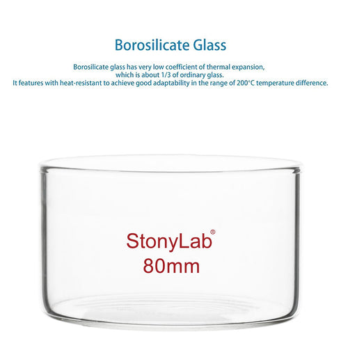 stonylab Crystallizing Dish, 100 ml, O.D. 80 mm, Thick-Wall High Borosilicate Glass, Flat Bottom, No Spout Lab Glassware