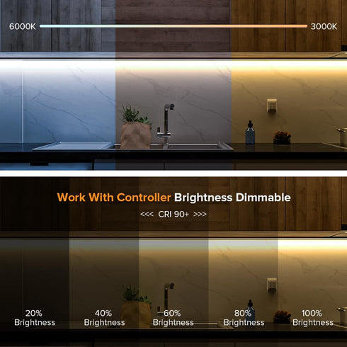 3000K-6000K,UL DC24V 16.4FT 90+ Dimmable Lights,640LEDs/m BTF-LIGHTING FCOB COB LED Strip CCT Tunable Listed CRI LED