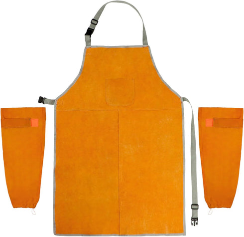 Set, QWORK Welding Apron& Sleeves, Welding Work Protectors Heat and Flame Resistant Leather Work Shop, Blacksmith
