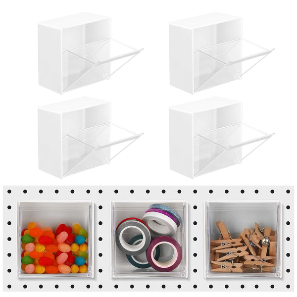 Soaoo 4 Pcs Pegboard Bins, Square Plastic Bins with Lids, Wall Mount White Magnetic Containers for Organizing