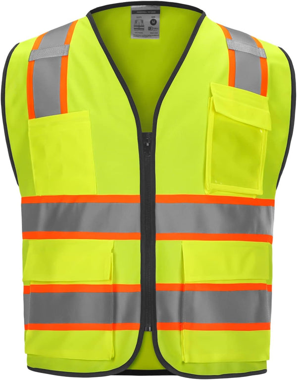 9 Pockets High Visibility Class 2 Safety Vest, Hi Vis Vest with 2 Inch Wide Reflective Strips, Zipper Construction Work