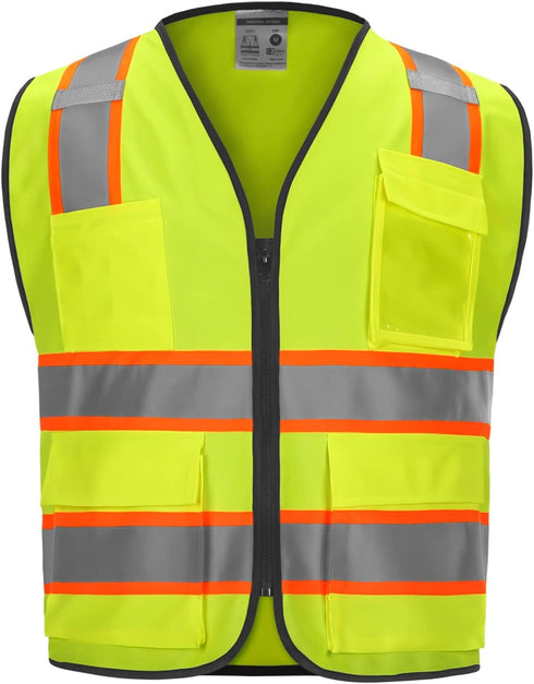 9 Pockets High Visibility Class 2 Safety Vest with 2 Inch Wide Reflective Strips, Zipper Construction Work Vest for Men