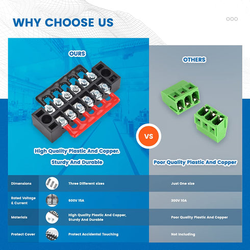 6 Sets Terminal Blocks, 6Pcs 4/5/6 Positions 600V 15A Dual Row Screw Terminal Strip Block + Insulated Terminals
