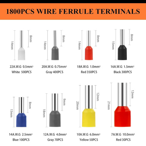 1800pcs Wire Ferrules Kit, AWG 22-7 Insulated Terminal Connector Crimping Kit for Electric, Industrial