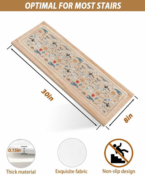 BOHOOSKYLAR 4 8"x30" Marine Life Stair Treads Retro Shark Whale Lobster Jellyfish Linen Texture Indoor Non Slip Peel