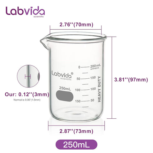 Heavy Duty Glass Beakers Set, 6 pcs of 250ml Thick-Walled, 3.3 Boro Griffin Low Form with Double Scale Graduation