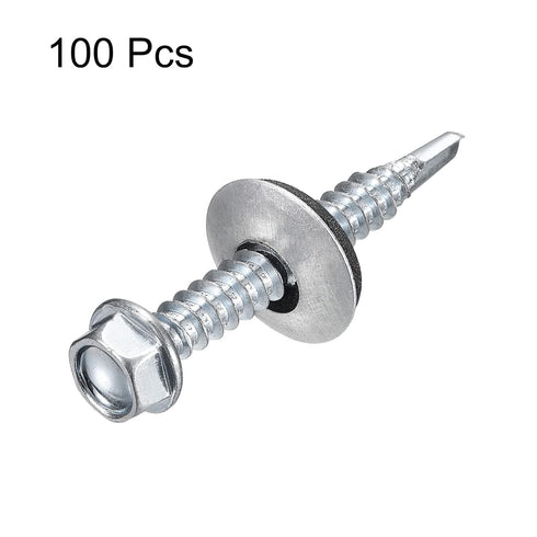 uxcell #12 x 1-1/2" Self Drilling Screws with Rubber Washer - 100pcs Zinc Plated Steel Roofing Screws