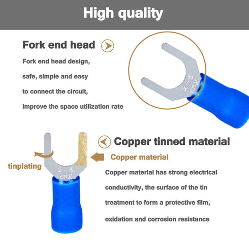 16-14 AWG 100Pcs Insulated Fork Spade Wire Connectors, SV2-3 U Type Electrical Crimp Terminals Kit