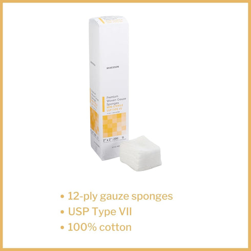 McKesson Premium Woven Gauze Sponges - Non-Sterile, 12-Ply, 100% Cotton, 2 in x 2 in, 200 per Pack