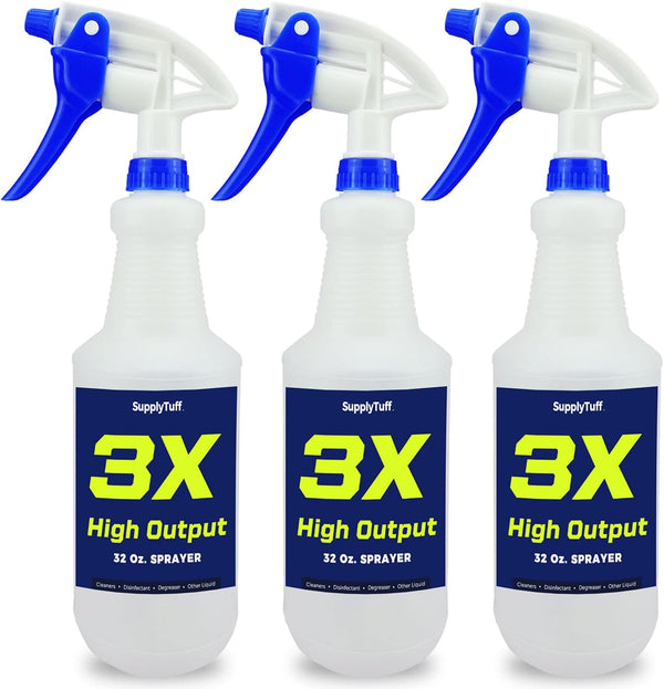 3X High Output Heavy Duty Spray Bottles, 3 Pack, 32 oz Professional Industrial Spray Bottles for Commercial, Household