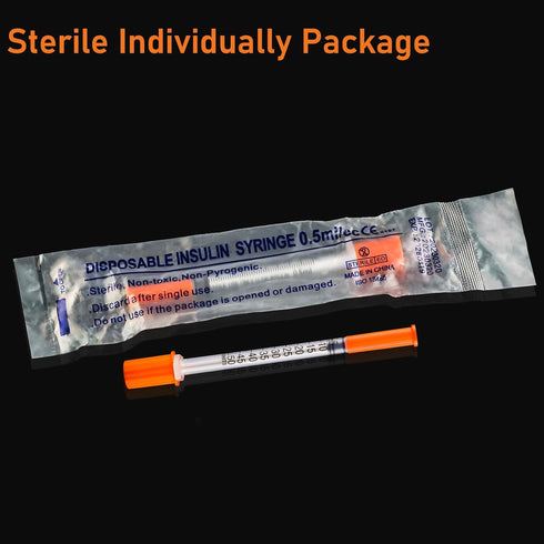 U-100 1/2ml Syringe with Needle, 31G 5/16" 8mm, Disposable Pack of 100