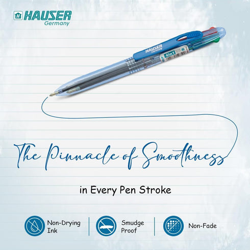 HAUSER 4 In 1 Colorful Pens, 4 Pc Ballpoint 1.0 mm Blue/Black/Red/Green, Note Taking, Back To School Supplies