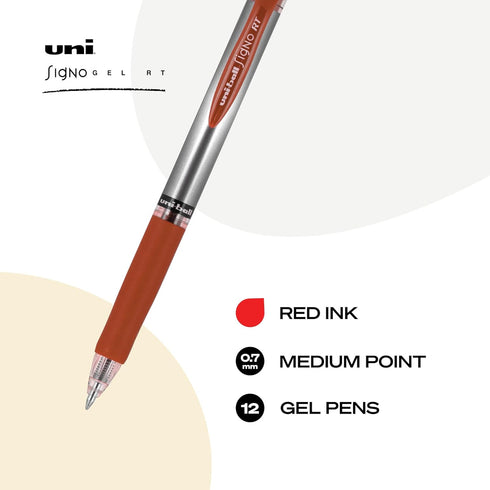 uniball Signo Gel Pen, Retractable, Medium 0.7 mm, Red Ink, Red/Metallic Accents Barrel, Dozen