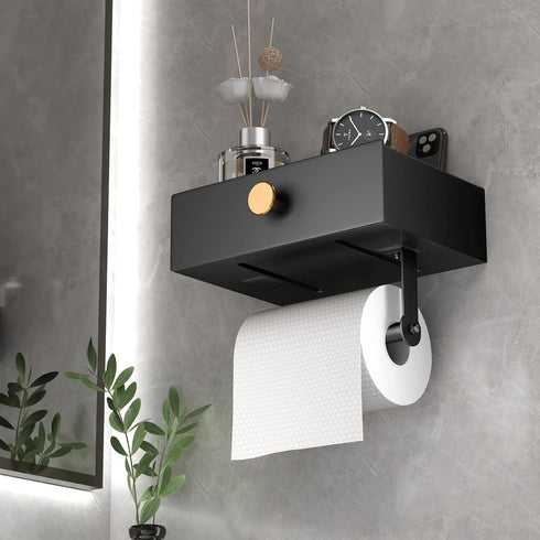 VOLDRA Toilet Paper Holder with Shelf Black Wipes Dispenser for Bathroom Stainless Steel Toilet Paper Holder