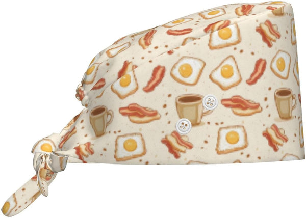 Nurse Scrub Cap Men Women with Buttons - Bacon Coffee Egg Print
