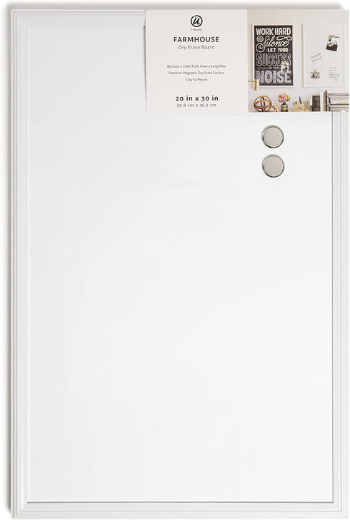U Brands Farmhouse Dry Erase Board, 20” x 30” with White Frame, Includes Magnets for Office Supplies
