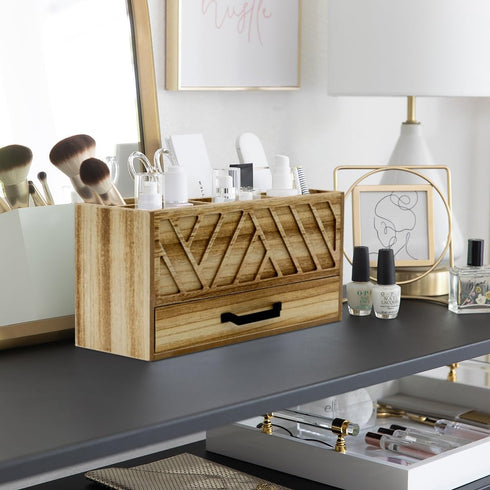 BLU MONACO Natural Wood Desktop Pen Organizer - Stylish Pen Holder with Drawer for Office and Art Supplies