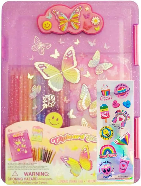 Kids Clipboard Storage Case – Cute Butterfly Design Pink Clip Board with 12 Erasable Colored Pencils, Pad, Stickers