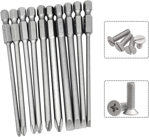 10pcs 100mm Magnetic Flat Slotted Phillips Screwdriver Bit Set - 1/4 Inch Hex Shank S2 Steel Drill Bits.