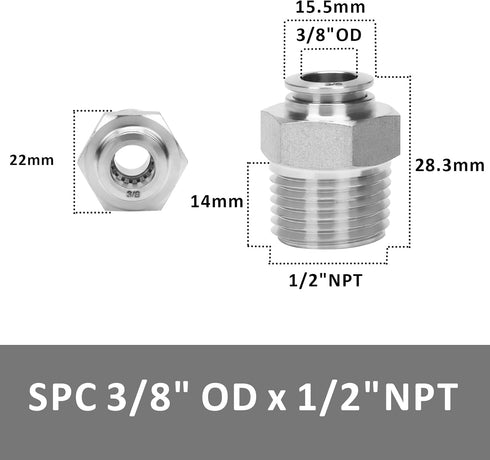 Push to Connect Fitting - 304 Stainless Steel Male Straight 3/8" Tube OD x 1/2" NPT Thread (Pack of 2)