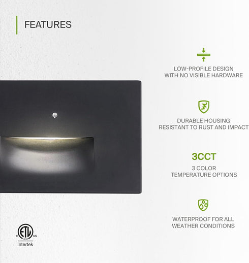 ASD LED Recessed Step Light Fixture | 3W 120LM 3000K-5000K 120V | 3CCT, Photocell, Waterproof, ETL Listed | Dusk to Dawn Stair Lamp, Outdoor Tread Lighting, Staircase Spotlight | Black by ASD