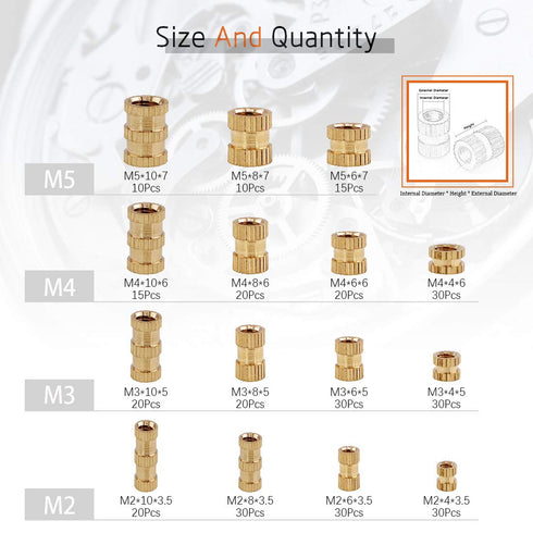 330Pcs Metric Female Thread Brass Knurled Threaded Insert Nuts Assortment Kit M2 M3 M4 M5