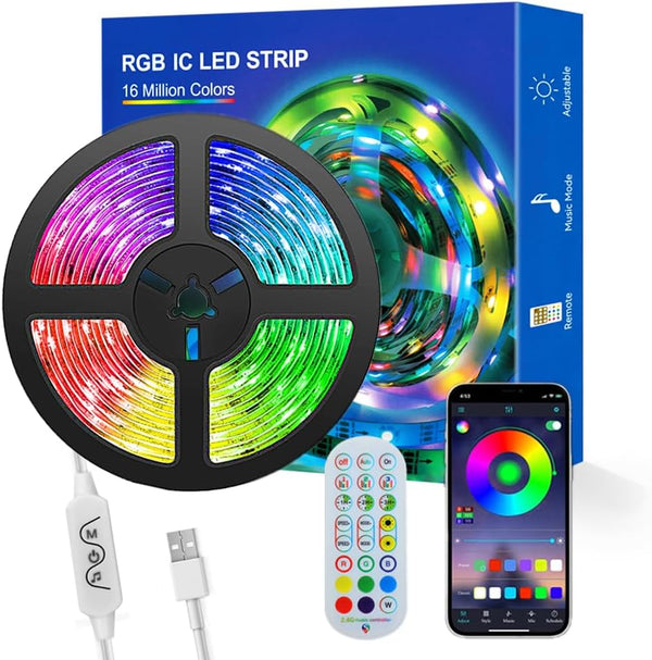 WS2812B RGB LED Smart LED Lights 9.8FT 30Pixels/m with Bluetooth APP Remote Control Music Sync, USB 5V for Home Room TV