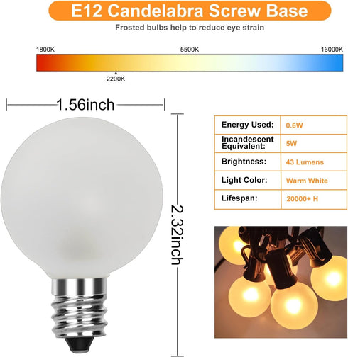 25 Pack G40 Frosted Replacement Bulbs, 5W Globe Light Bulbs Fits E12 Candelabra Base, Glass Incandescent Bulbs for Outdoor Patio String Lights, 2200K Warm White by Cbebew