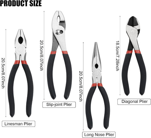 4 Pack Set-8'' 7''Diagonal Precision Basics Pliers Slip Joint, Long Needle Nose Pliers, Lineman, And Pliers for DIY