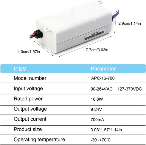 DineDeck APC-16-700 16.8W 9-24V 700mA Constant Current LED Power Supply - Universal AC Input - Compact Design
