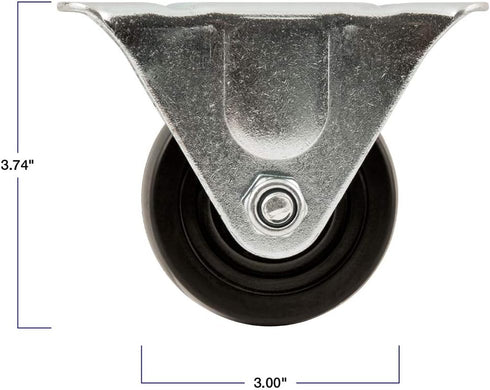 Heavy Duty Rubber Caster Wheel with Rigid Non-Swivel Top Plate - 3-Inch, 225 lb Load Capacity