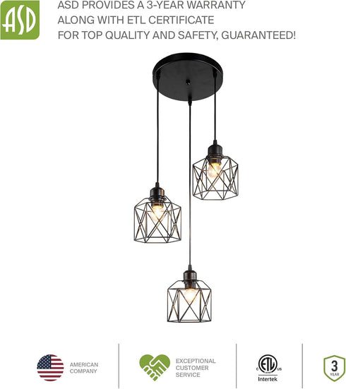 3xE26 120V ASD Black Pendant Light Fixture - ETL Modern Pendant Lights Kitchen Island, Industrial Hallway, Living Room