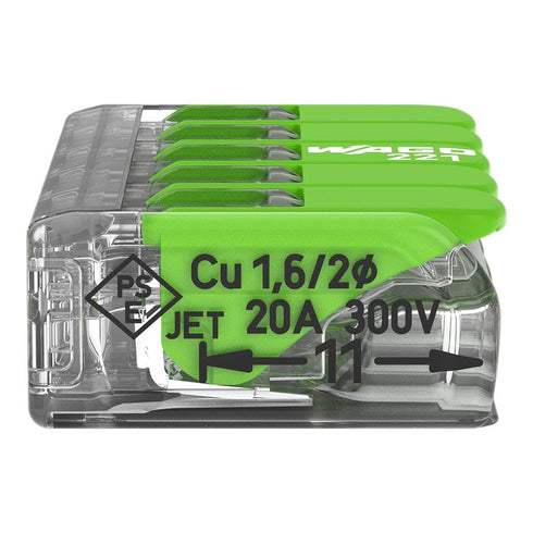 WAGO 221-425 Splicing Connector Green Range, 5-Conductor with levers for 24-12 AWG Conductors, Transparent housing (25