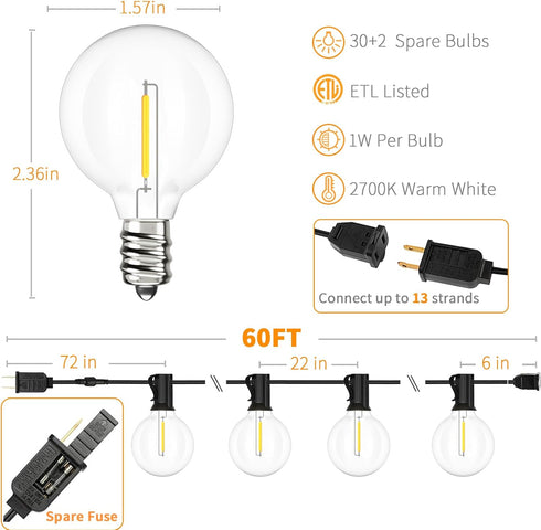 60 32 G40 Bulbs, Dimmable 2700K Svater Outdoor String Lights LED FT, Patio Globe Lights with Plastic Waterproof Outside