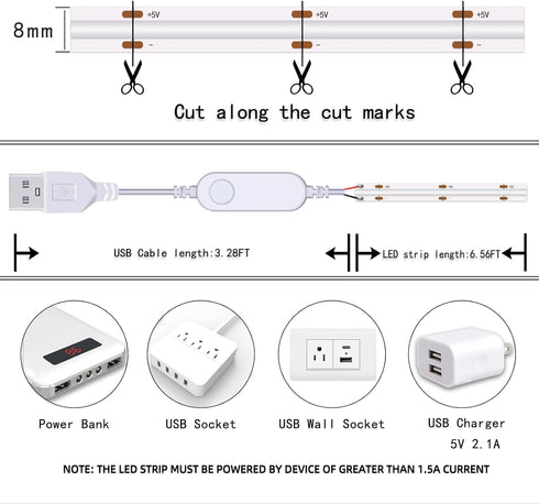 6.56 1152 5V (6.56FT/2M) LED Strip Lights RGB COB FT LEDs USB Color Changing Short Strip Light,Multi Color TV Backlight