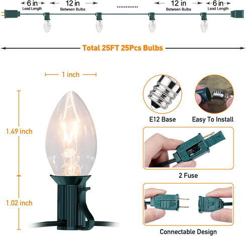 C7 25FT 27 Bulbs Outdoor Christmas Lights, Warm White Vintage String Lights with Clear for Patio, Garden, Eaves