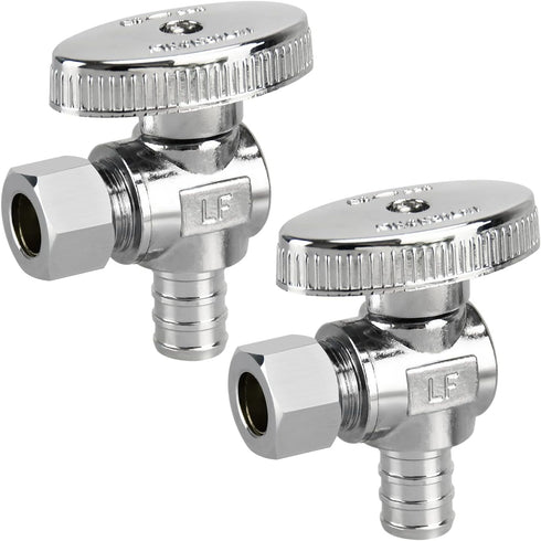 2 Pack Stop Valves, 1/4 Turn Angle Stop Valves, 3/8" OD Compression 1/2" PEX Chrome Plated Brass