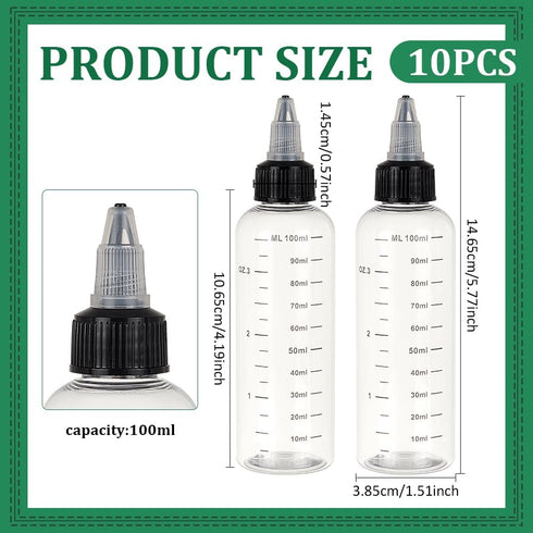 BENECREAT 10PCS 100ml Transparent Plastic Squeeze Bottles with Scale and Black Twist Cap for Liquids