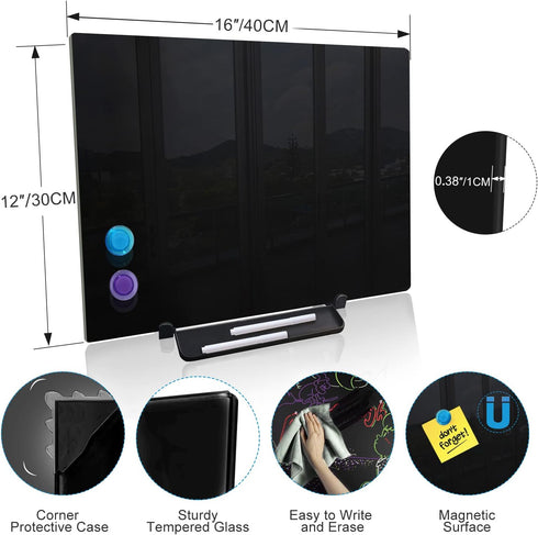 Black Magnetic Glass Board Desktop Easel, 16x12" Black Dry Erase Board for Desk, Tabletop Glass Whiteboard on