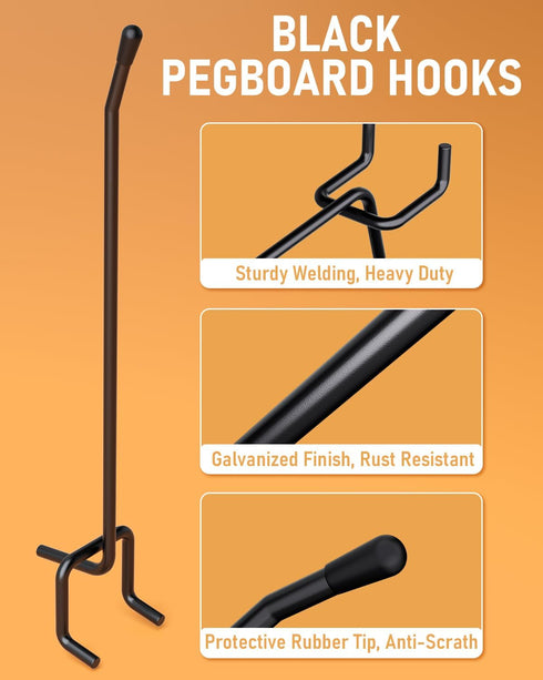 INCLY 120 Pack Black Pegboard Hooks, 4/6/8 Inch Accessories for 1/8“ and 1/4" Pegboard Hanging Tools