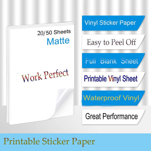 Vinyl Sticker Paper Waterproof Label, Printable Vinyl for Inkjet Printer and Cricut Maker, 20 Sheets