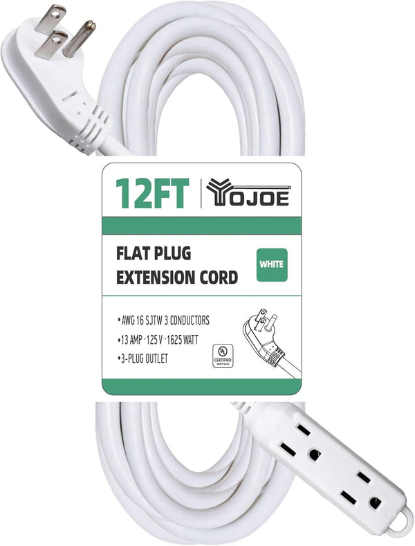 YOJOE 12 ft Flat Plug Extension Cord with Multiple Outlets, 3 Prong, 3 Outlets Short Extension Cord, UL Listed, White