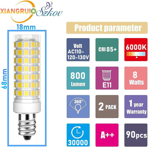 2-Pack E11 Bulb 8W E11 Bulb T4 AC120V 800LM 80W Bulb 6000K LED JD Light Mini Candelabra Base for Ceiling Fans