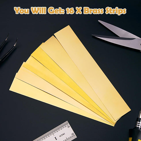 16 Pieces Brass Sheet, Shim Stock Assortment, 6" Length x 1" Width, Various Thicknesses